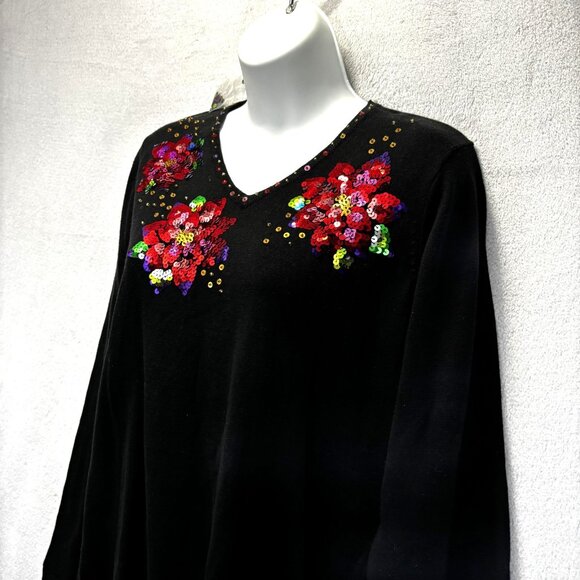 NEW Quacker Factory Floral Sequin Sweater Size XS Black Holiday Long Sleeve Top - Picture 4 of 13